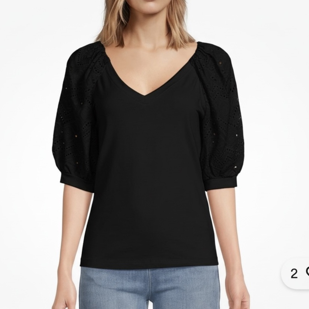 A Loves A Black Eyelet Puff-Sleeve V-Neck Women's Top tee blouse Sz‎ M